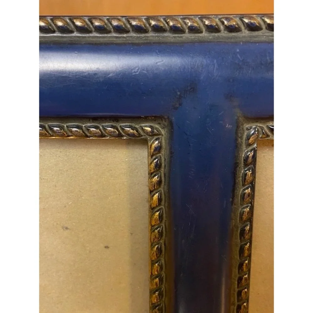 Vintage Blue and Gold Double Photo Frame 2-Opening Tabletop Wall Mount 8x6